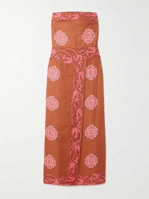 Johanna Ortiz Ancient strapless wrap-effect printed linen midi dress Pink