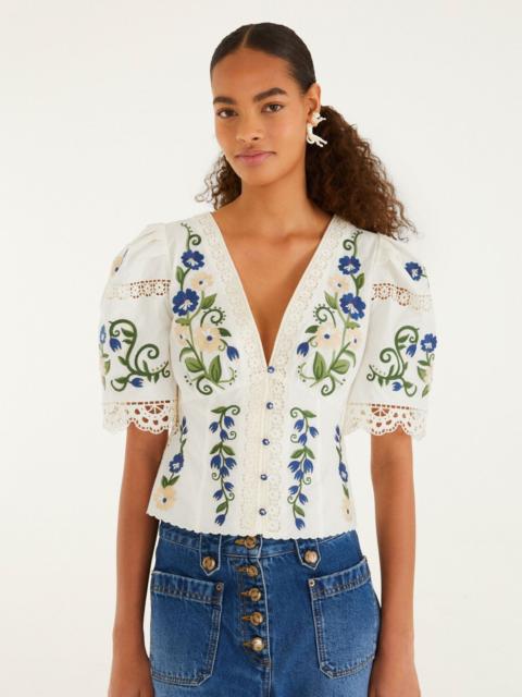FARM RIO Off-White Countryside Land Embroidered Lace Blouse