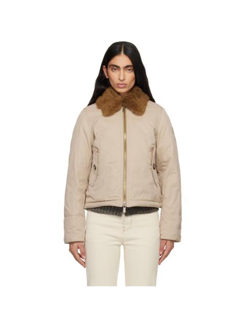 Burberry Beige Shearling Collar Gabardine Down Bomber Jacket