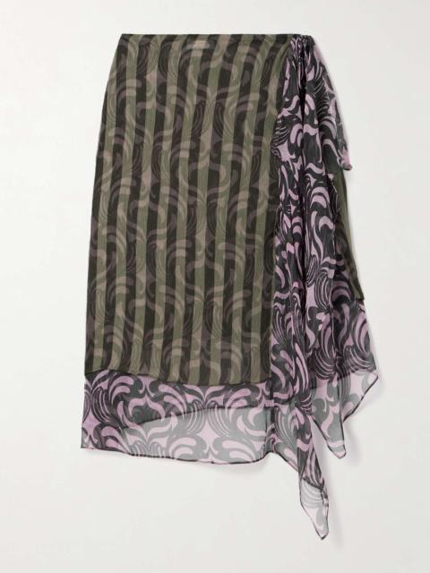 Asymmetric wrap-effect layered printed silk-crepon mini skirt