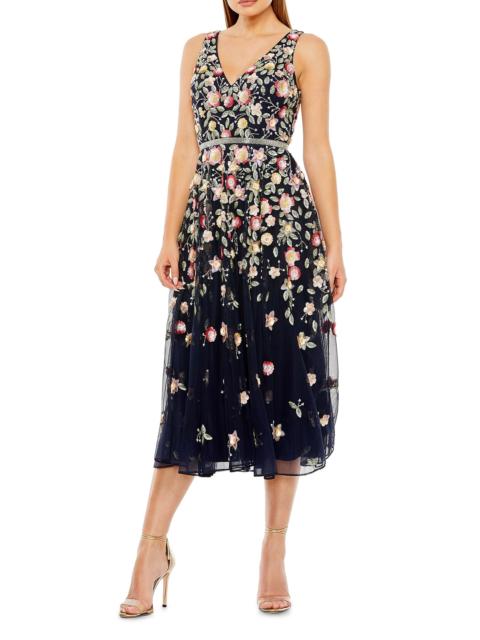 MAC DUGGAL Women's Cocktail Floral Embroidered V-Neck Midi-Dress - Midnight Multi