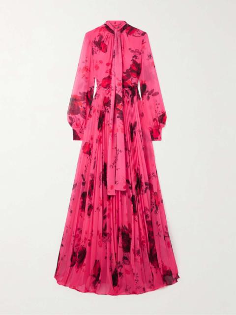 Erdem Pussy-bow floral-print pleated crepe de chine gown