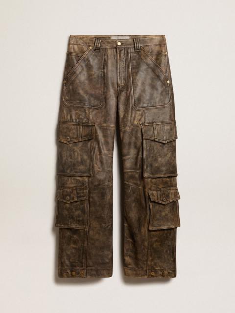 Women's aged brown nappa leather cargo pants
