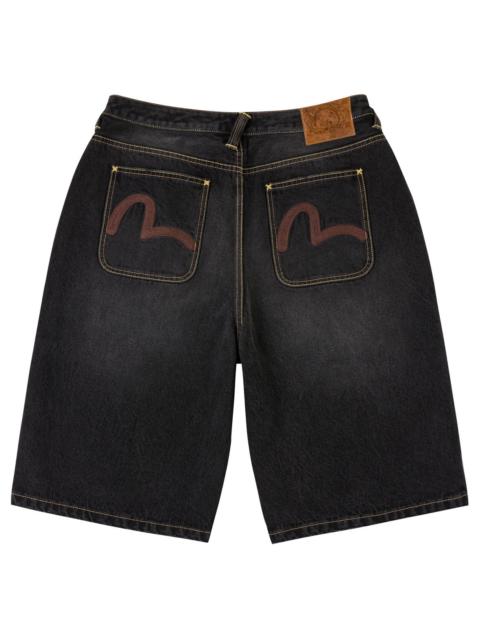 EVISU Distressed Washed Seagull Embroidery Jorts