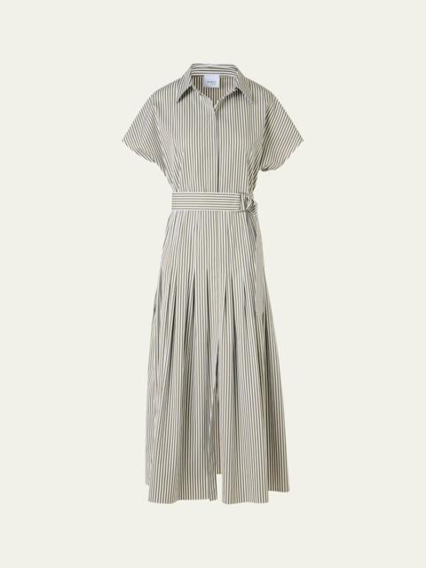 AKRIS Cap-Sleeve Belted Cotton Poplin Pleated Midi Shirtdress