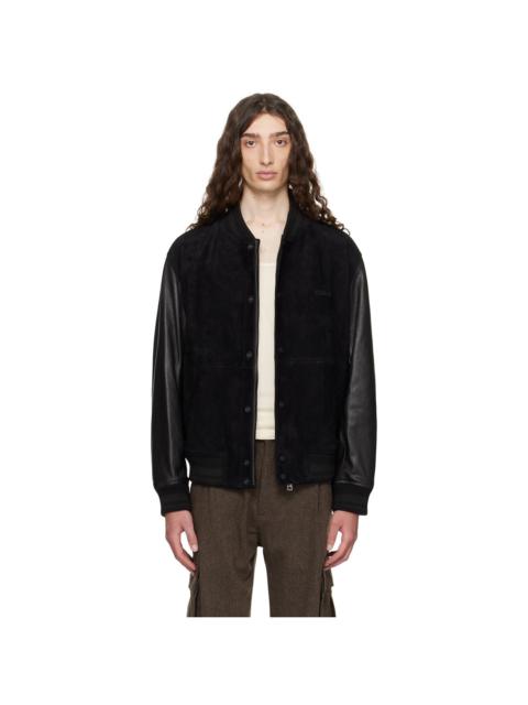 HUGO Black Embossed-Logo Leather Bomber Jacket