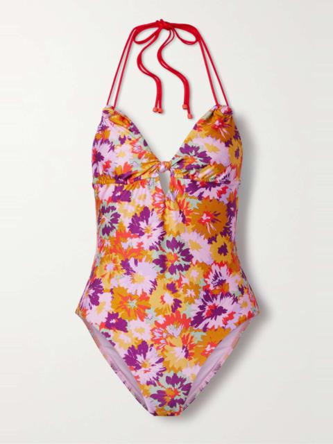 Violet knotted floral-print halterneck swimsuit