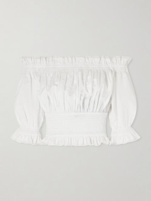 Dolce & Gabbana Off-the-shoulder Lace-trimmed Shirred Cotton-blend Poplin Top