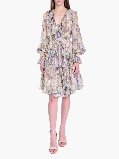 Marchesa REVERIE BELL SLEEVE RUFFLE MINI DRESS