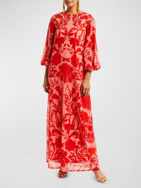 MESTIZA NEW YORK Luzon Blouson-Sleeve Floral-Print Chiffon Gown