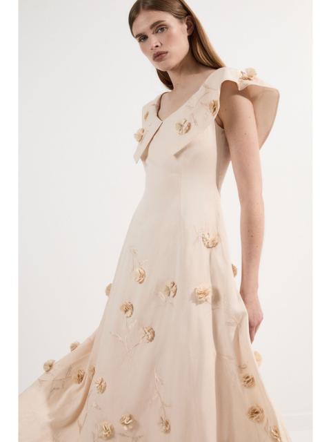 KAREN MILLEN Scattered 3D Floral Applique Woven Midi