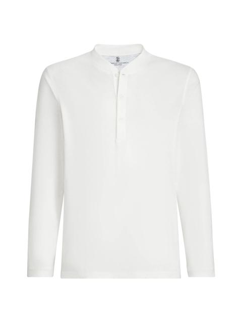 Brunello Cucinelli Men's Linen and Cotton Jersey Long Sleeve T-Shirt with Henley Collar - Off White