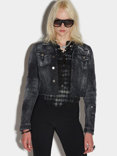 BLACK RIPPED WASH MIX CHECK JEAN JACKET