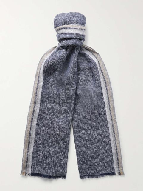 Avaiki Fringed Striped Herringbone Linen and Cotton-Blend Scarf