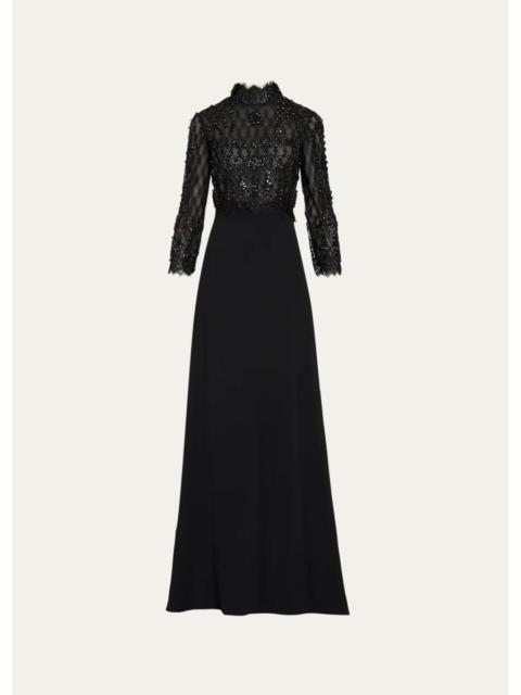 COSTARELLOS Brona Hand-Beaded Lace Crepe A-Line Gown