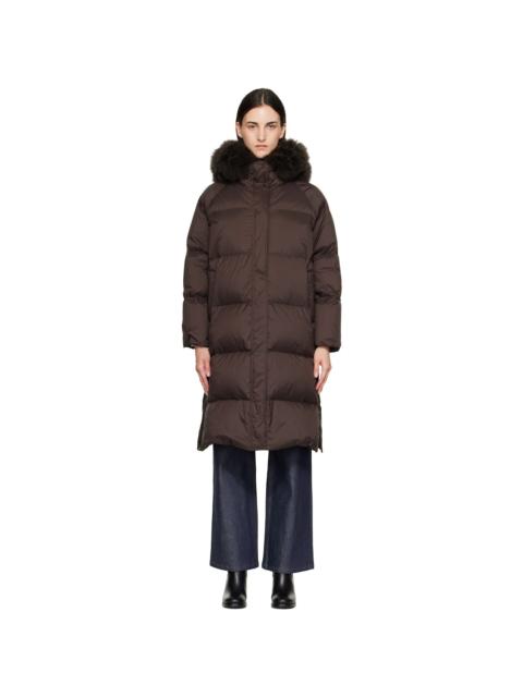 Yves Salomon Brown Waterproof Technical Lambswool Trim Long Down Jacket