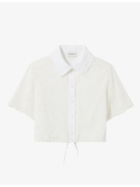 Claudie Pierlot Cropped Lace-Embroidered Stretch-Woven Shirt