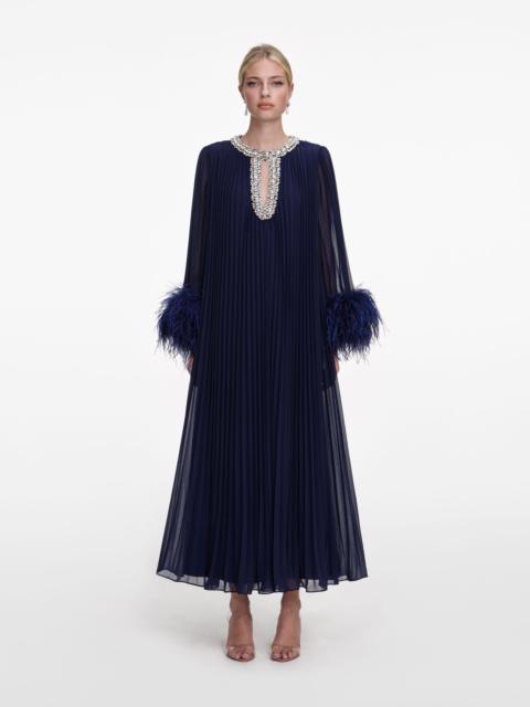 self-portrait Navy Chiffon Feather Midi Dress