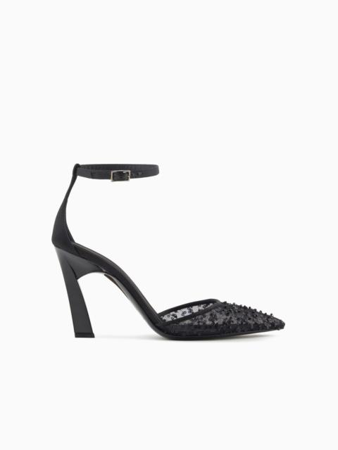 EMPORIO ARMANI Embroidered-fabric court shoes with strap