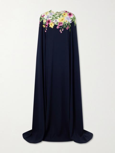 Oscar de la Renta Cape-effect Floral-embroidered Silk-blend Georgette Gown