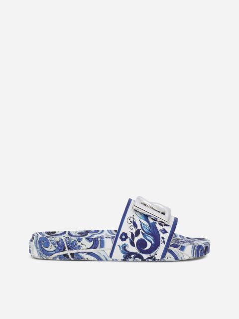 Dolce & Gabbana Calfskin beachwear sliders in majolica-design rubberized calfskin