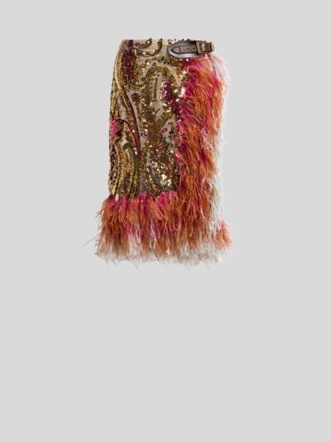 Etro KNEE-LENGTH SKIRT WITH SEQUINS AND OSTRICH FEATHERS