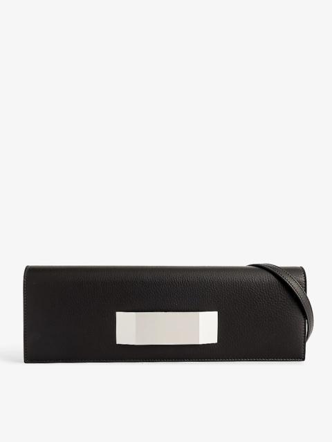 Brand-engraved plaque leather clutch bag