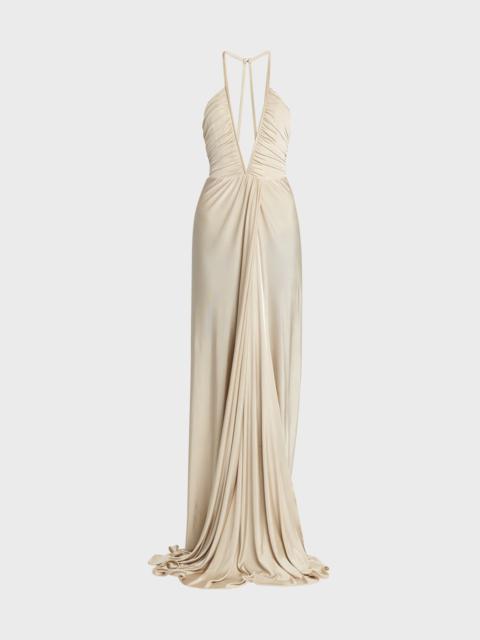 Plunging Ruched Fluid Jersey Slit Gown