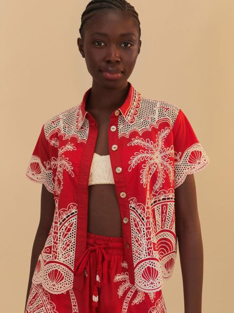 FARM RIO Red Palm Trees Embroidered Organic Cotton Short