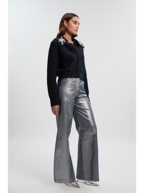 KAREN MILLEN Metallic Coated Denim Wide Leg Jean