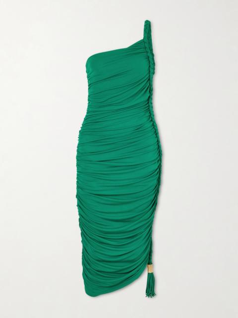 SIMKHAI Alessia One-shoulder Asymmetric Tasseled Ruched Stretch-jersey Midi Dress