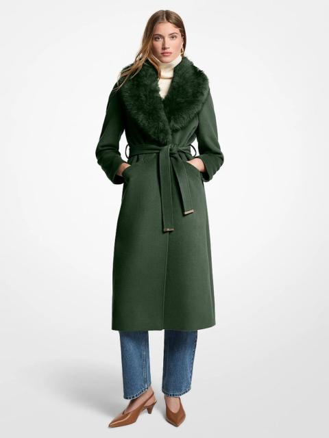 MICHAEL KORS Faux Fur Trim Wool Blend Coat