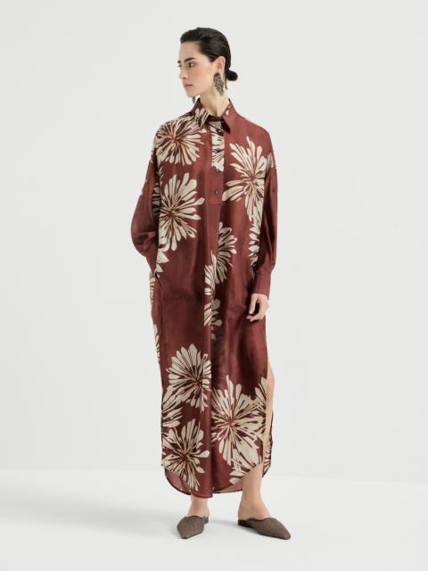 Brunello Cucinelli Silk bloom print pongee long dress with monili