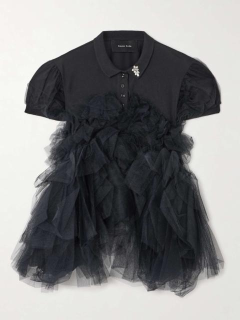 Embellished cotton and tulle polo shirt