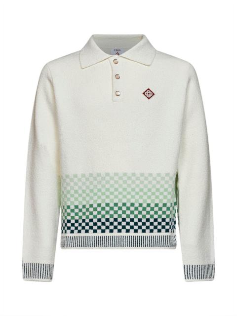 CASABLANCA White bouclé knit Check long-sleeved polo shirt