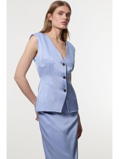 KAREN MILLEN Premium Viscose Linen Tailored Ruffle Pencil Midi Dress