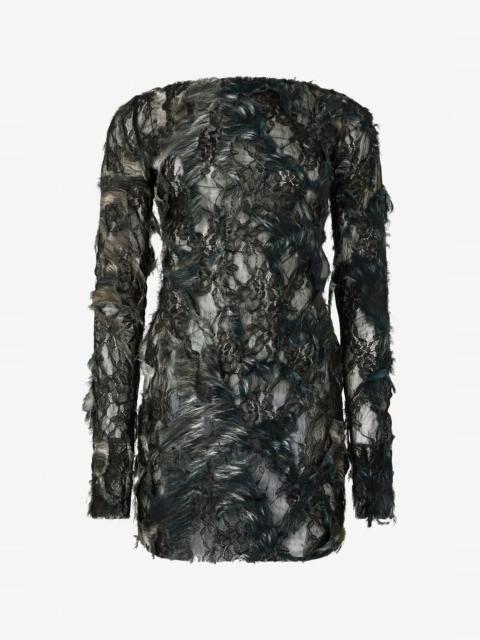 Roberto Cavalli Mini Dress with Fur Print on Destroyed-Effect Lace