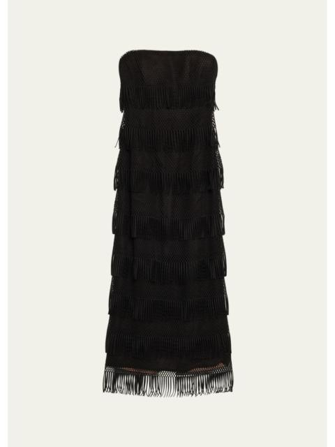 LELA ROSE Strapless Tiered Macrame Lame Gown