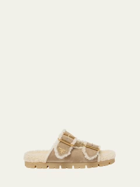 Prada Suede Shearling Lined Dual-Buckle Slide Sandals