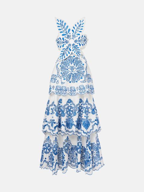 FARM RIO Broderie anglaise tiered cotton maxi dress