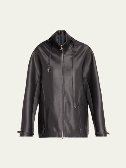 GRACE LING Belted Collar Striped Wool Oversized Jacket