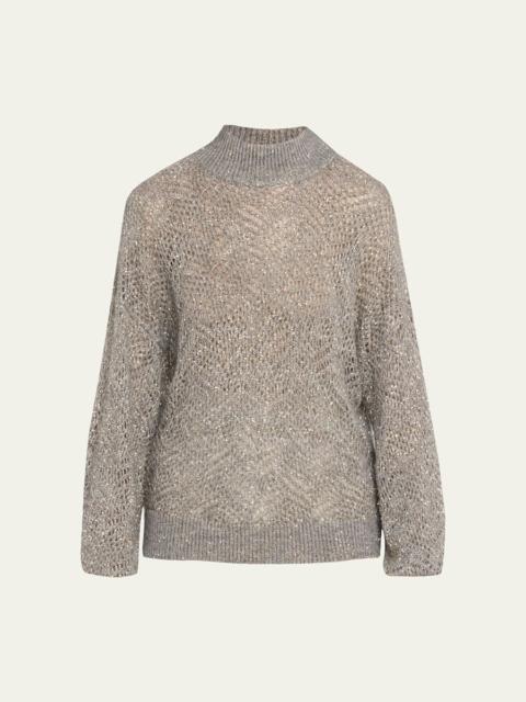 Brunello Cucinelli Airy Shimmer Open-Knit Mock Neck Sweater