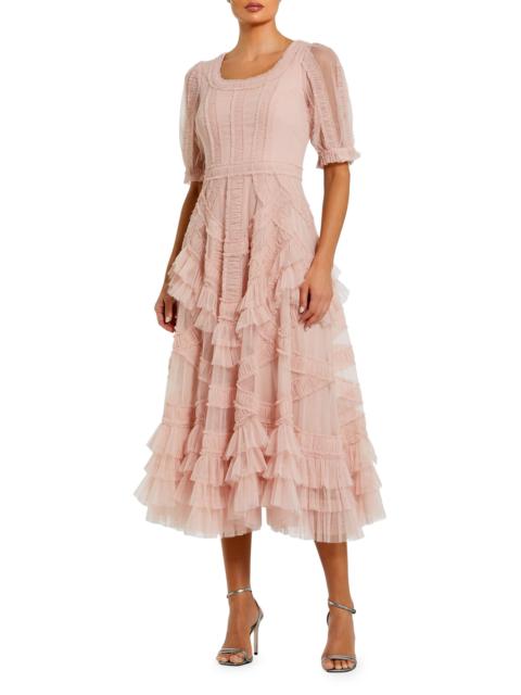 MAC DUGGAL Women's Mesh Ruffled Scoopneck Midi-Dress - Porcelain