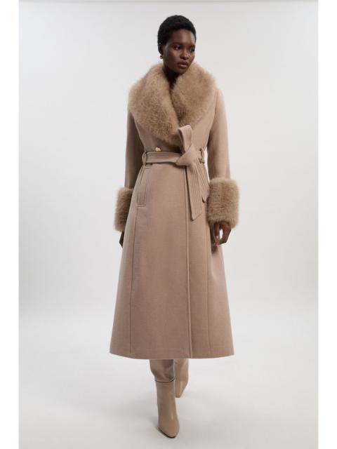 KAREN MILLEN Petite Wool Blend Detachable Faux Fur Belted Coat