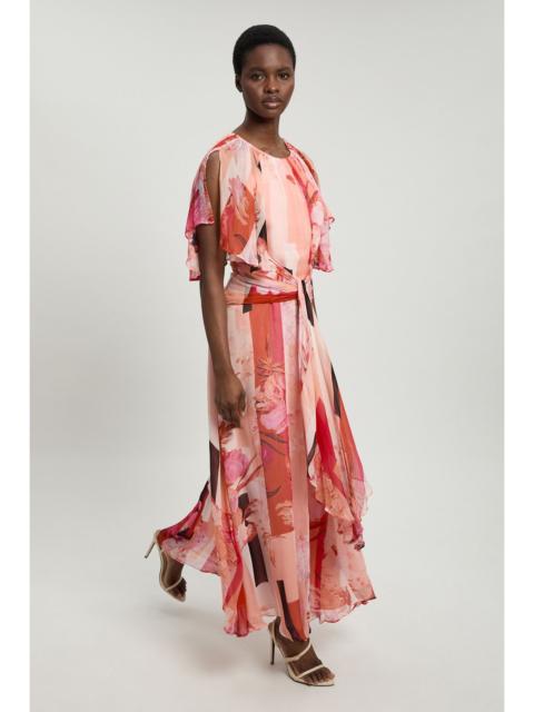 KAREN MILLEN Georgette Cape Sleeve Ruffle Floral Print Woven Maxi Dress