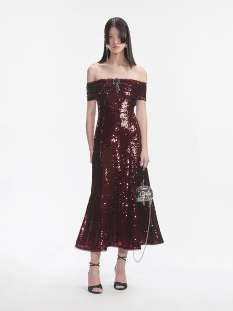 self-portrait Brown Sequin Off Shoulder Midi Dress