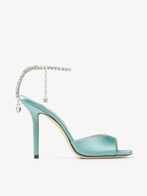 JIMMY CHOO Saeda Sandal 100 Smoke Green Satin Sandals with Crystal Chain
