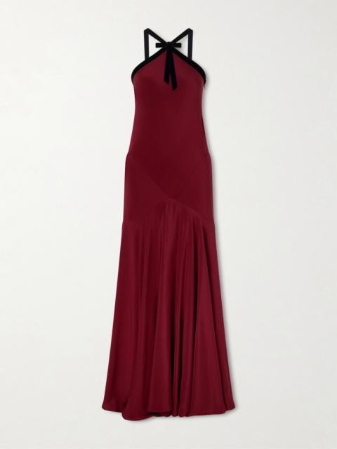 RODARTE Bow-detailed velvet-trimmed silk-crepe gown Burgundy