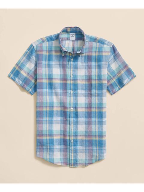 Brooks Brothers Irish Linen Polo Button Down Collar, Checked Short-Sleeve Shirt