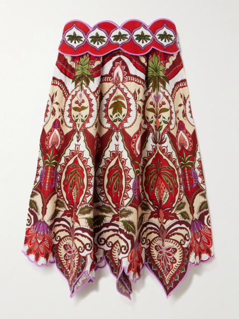 FARM RIO Odara Scalloped Printed Linen-blend Midi Skirt